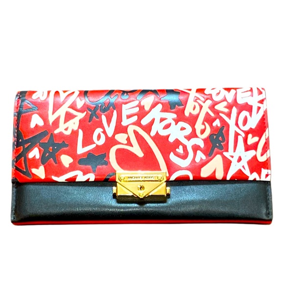 MICHAEL KORS QIXI CECE LEATHER GRAFFITI BRIGHT RED MULTI LARGE WALLET - NWOT - Picture 3 of 8
